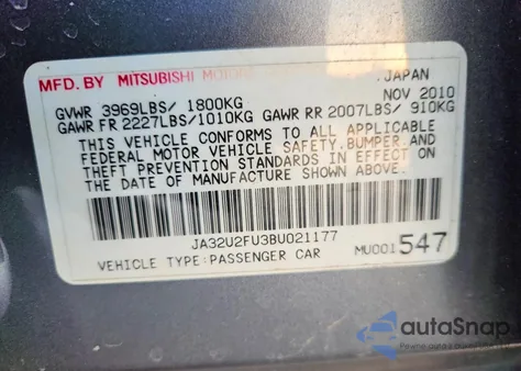 2011 Mitsubishi Lancer Es/Es Sport z USA, uszkodzony, nr VIN JA32U2FU3BU021177